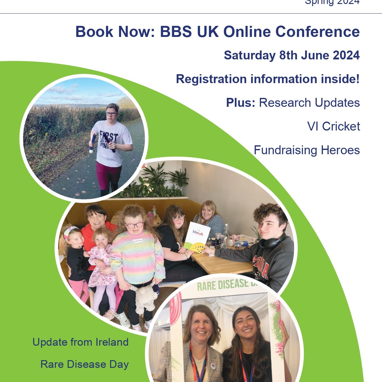 Front cover of the BBS UK Spring 2024 newsletter, with headlines of the articles included and three photos showing BBS UK service users and staff.