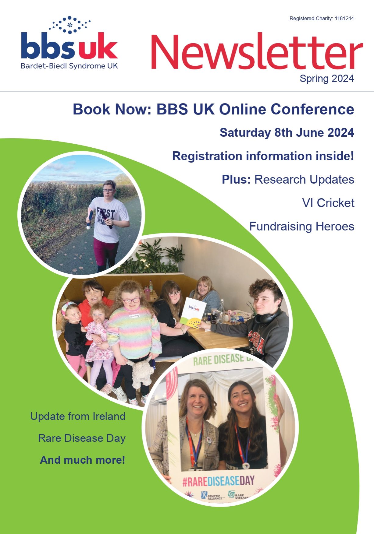 Front cover of the BBS UK Spring 2024 newsletter, with headlines of the articles included and three photos showing BBS UK service users and staff.