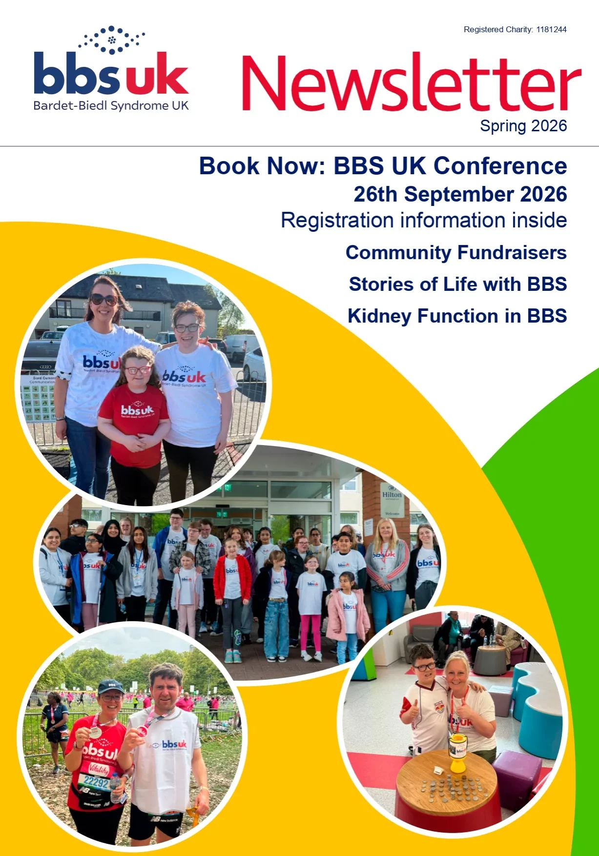 Front page of the BBS UK newsletter, showing four photos, the BBS UK logo, against a yellow, white and green background.